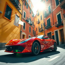 A close-up shot of a gleaming red Ferrari SF90 Stradale accelerating down a narrow, sunlit Italian street