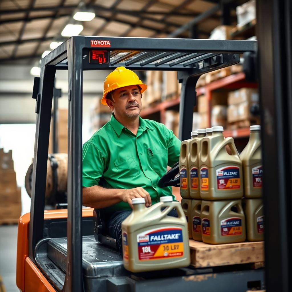 A forklift operator wearing a short-sleeved green uniform shirt and a yellow hard hat is driving a Toyota forklift into a slightly inclined warehouse