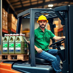 A forklift operator wearing a short-sleeved green uniform shirt and a yellow hard hat is driving a Toyota forklift into a slightly inclined warehouse