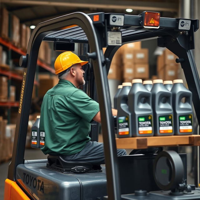 A forklift operator wearing a short-sleeved green uniform shirt and a yellow hard hat is driving a Toyota forklift into a slightly inclined warehouse