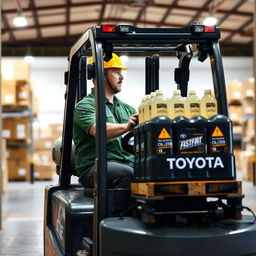 A forklift operator wearing a short-sleeved green uniform shirt and a yellow hard hat is driving a Toyota forklift into a slightly inclined warehouse