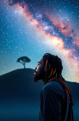A 38-year-old black Rastafarian man with multicolored beads in his hair gazes thoughtfully at a serene hill topped with a solitary tree