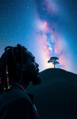 A 38-year-old black Rastafarian man with multicolored beads in his hair gazes thoughtfully at a serene hill topped with a solitary tree