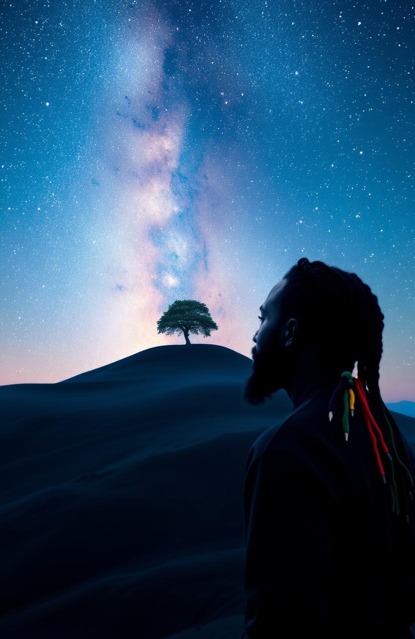A 38-year-old black Rastafarian man with multicolored beads in his hair gazes thoughtfully at a serene hill topped with a solitary tree