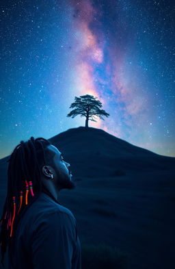 A 38-year-old black Rastafarian man with multicolored beads in his hair gazes thoughtfully at a serene hill topped with a solitary tree