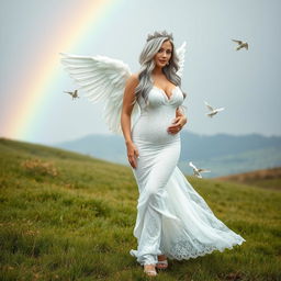 A beautiful hourglass-shaped woman with very long white, silver, and light blue hair, featuring a sweet, soft face and light pastel makeup