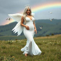 A beautiful hourglass-shaped woman with very long white, silver, and light blue hair, featuring a sweet, soft face and light pastel makeup