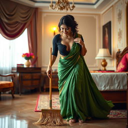 A vibrant scene of an Indian maid wearing a torn black blouse and a flowing green saree