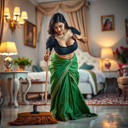A vibrant scene featuring an Indian maid in a torn black small sleeved blouse and a flowing green saree