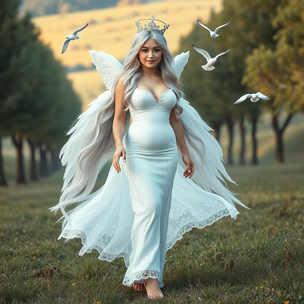A beautiful hourglass-shaped girl with very long white, silver, and light blue hair, featuring a sweet, soft face adorned with light pastel makeup