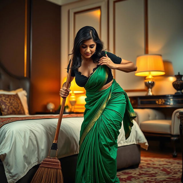 A vibrant scene featuring an Indian maid in a torn black small sleeved blouse and a flowing green saree