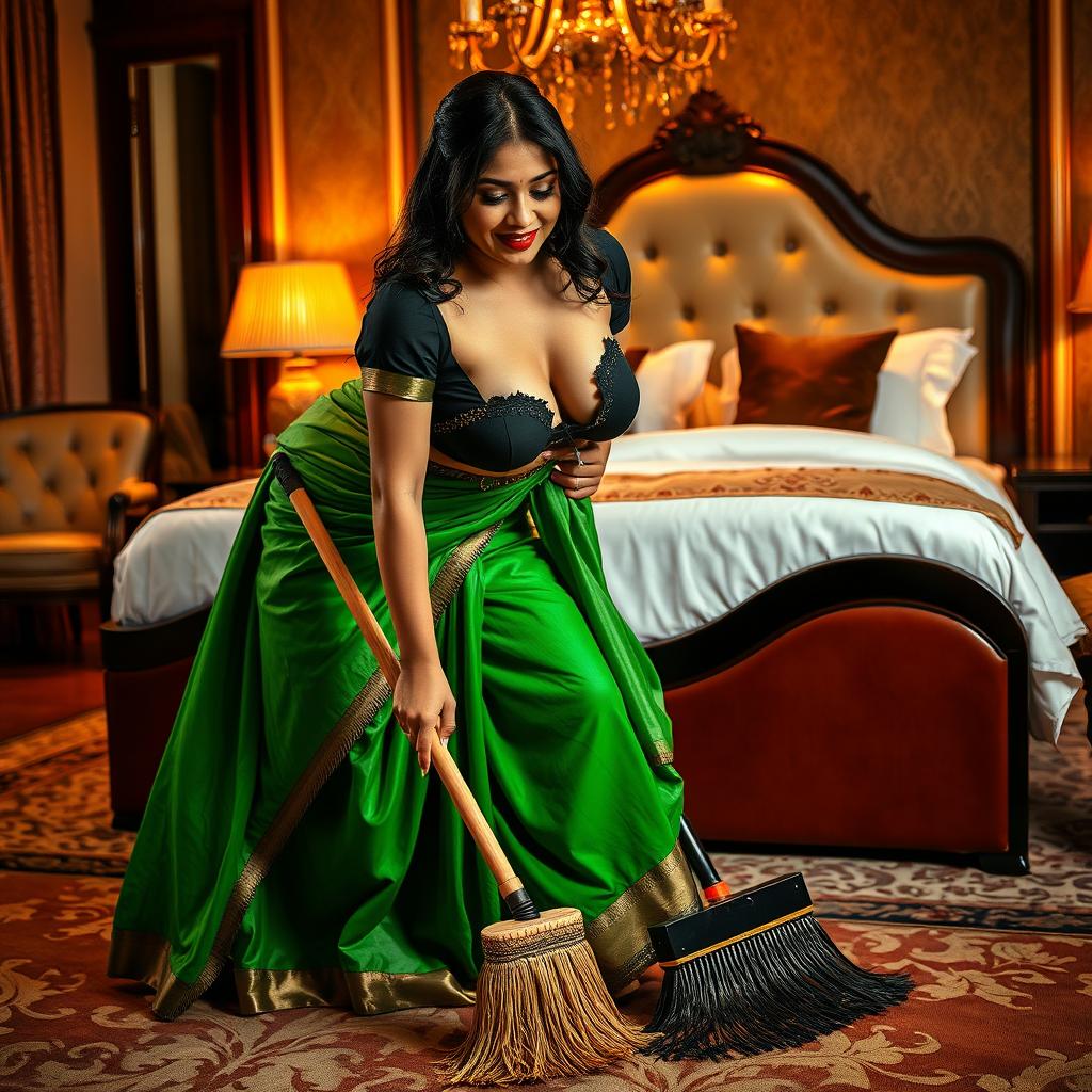 A vibrant scene featuring an Indian maid in a torn black small sleeved blouse and a flowing green saree
