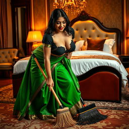 A vibrant scene featuring an Indian maid in a torn black small sleeved blouse and a flowing green saree