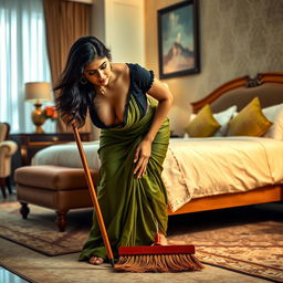 A vibrant scene featuring an Indian maid in a torn black small sleeved blouse and a flowing green saree