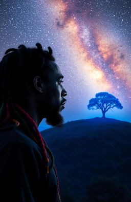 A 38-year-old black Rastafarian male with multicolored beads, gazing contemplatively at a serene hilltop featuring a solitary tree bathed in an ethereal glow