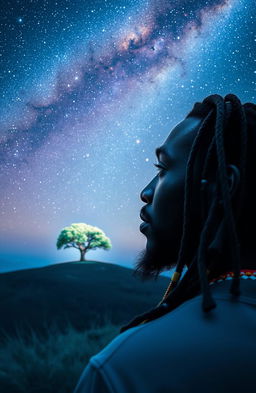A 38-year-old black Rastafarian male with multicolored beads, gazing contemplatively at a serene hilltop featuring a solitary tree bathed in an ethereal glow
