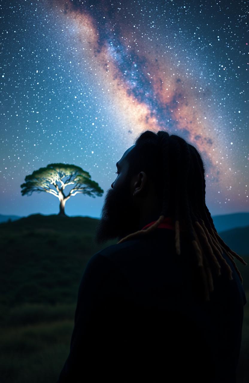 A 38-year-old black Rastafarian male with multicolored beads, gazing contemplatively at a serene hilltop featuring a solitary tree bathed in an ethereal glow