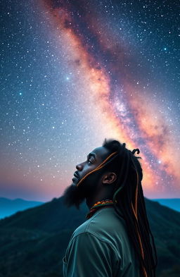 A 38-year-old black Rastafarian male with multicolored beads, gazing contemplatively at a serene hilltop featuring a solitary tree bathed in an ethereal glow