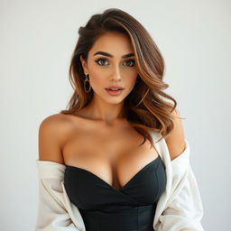 A beautiful 25-year-old woman dressed in a sexy yet entirely modest outfit, showcasing elegance while concealing any revealing elements