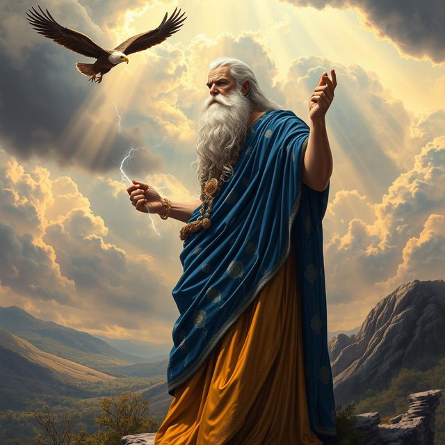 An artistic depiction of an elder Zeus, the Greek god, portrayed as a wise and majestic figure with a long white beard, wearing a flowing toga made of gold and royal blue