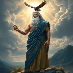 An artistic depiction of an elder Zeus, the Greek god, portrayed as a wise and majestic figure with a long white beard, wearing a flowing toga made of gold and royal blue