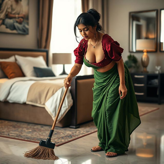 A captivating scene featuring an Indian maid in a torn maroon small sleeved blouse and a flowing green saree