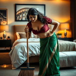 A captivating scene featuring an Indian maid in a torn maroon small sleeved blouse and a flowing green saree