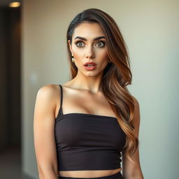 A beautiful 25-year-old woman dressed in a sexy yet modest outfit, fully concealing any revealing elements