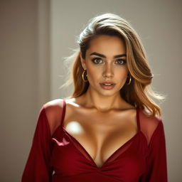 A beautiful 25-year-old woman dressed in a sexy yet modest outfit, fully concealing any revealing elements