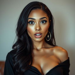 A stunning 25-year-old woman dressed in a sexy yet completely modest outfit, ensuring no revealing elements