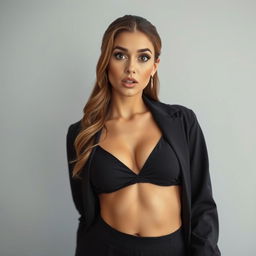 A stunning 25-year-old woman dressed in a sexy yet completely modest outfit, ensuring no revealing elements
