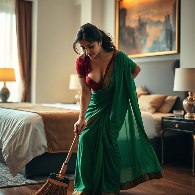 A captivating image featuring an Indian maid in a torn maroon small sleeved blouse and a flowing green saree