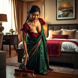 A captivating image featuring an Indian maid in a torn maroon small sleeved blouse and a flowing green saree
