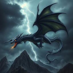 A majestic black dragon soaring through a stormy sky, its glossy scales reflecting flashes of lightning