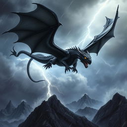 A majestic black dragon soaring through a stormy sky, its glossy scales reflecting flashes of lightning