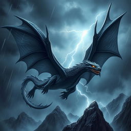 A majestic black dragon soaring through a stormy sky, its glossy scales reflecting flashes of lightning