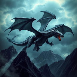 A majestic black dragon soaring through a stormy sky, its glossy scales reflecting flashes of lightning