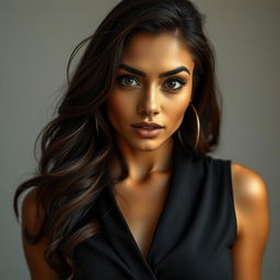 A stunning 25-year-old woman with a captivating presence, dressed in a sexy yet completely modest outfit that skillfully conceals any revealing features