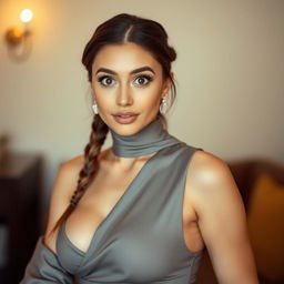 A stunning 25-year-old woman with a captivating presence, dressed in a sexy yet completely modest outfit that skillfully conceals any revealing features