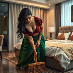 An alluring scene featuring an Indian maid in a torn maroon small sleeved blouse and a flowing green saree