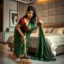 An alluring scene featuring an Indian maid in a torn maroon small sleeved blouse and a flowing green saree
