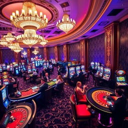 An elegant casino interior with dazzling chandeliers, opulent decor, and vibrant gaming tables