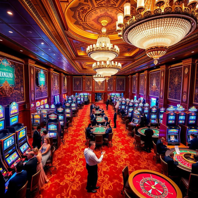 An elegant casino interior with dazzling chandeliers, opulent decor, and vibrant gaming tables