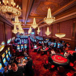 An elegant casino interior with dazzling chandeliers, opulent decor, and vibrant gaming tables