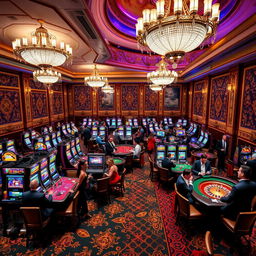 An elegant casino interior with dazzling chandeliers, opulent decor, and vibrant gaming tables