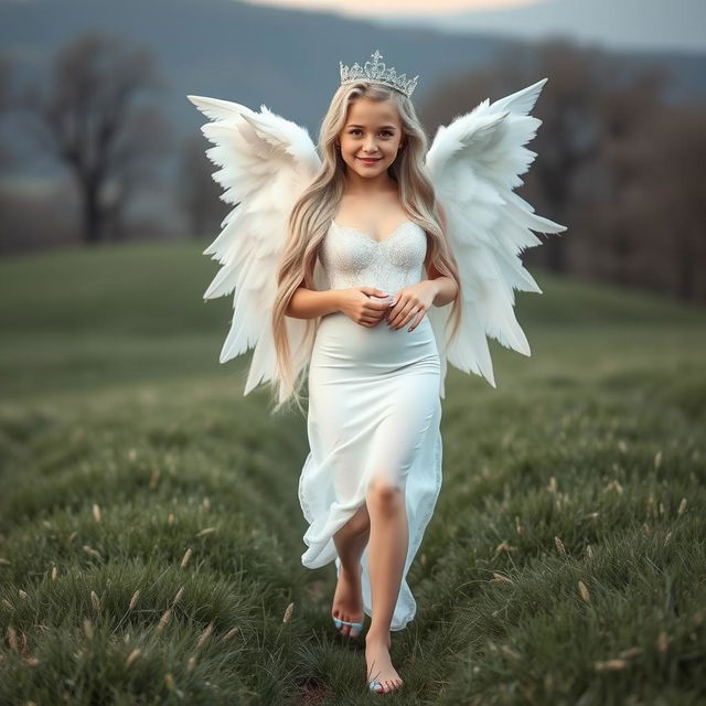 A beautiful hourglass-shaped girl with very long white, silver, and light blue hair, featuring a sweet, soft face adorned with light pastel makeup