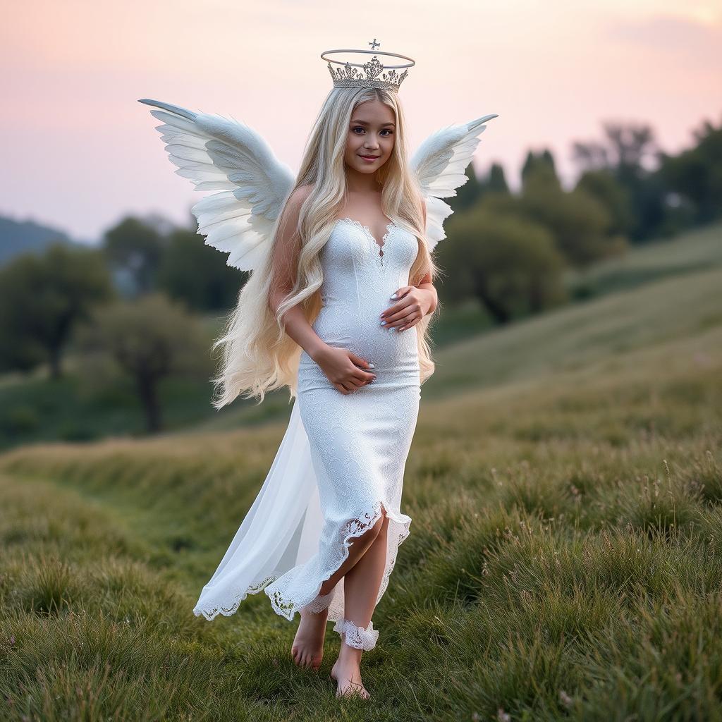 A beautiful hourglass-shaped girl with very long white, silver, and light blue hair, featuring a sweet, soft face adorned with light pastel makeup