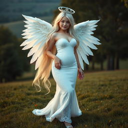 A beautiful hourglass-shaped girl with very long white, silver, and light blue hair, featuring a sweet, soft face adorned with light pastel makeup