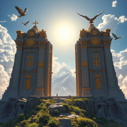 A grand depiction of the Gates of Olympus, featuring imposing, intricately carved stone gates adorned with golden embellishments and divine symbols