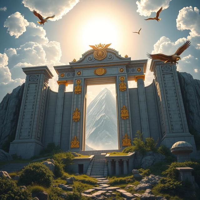 A grand depiction of the Gates of Olympus, featuring imposing, intricately carved stone gates adorned with golden embellishments and divine symbols